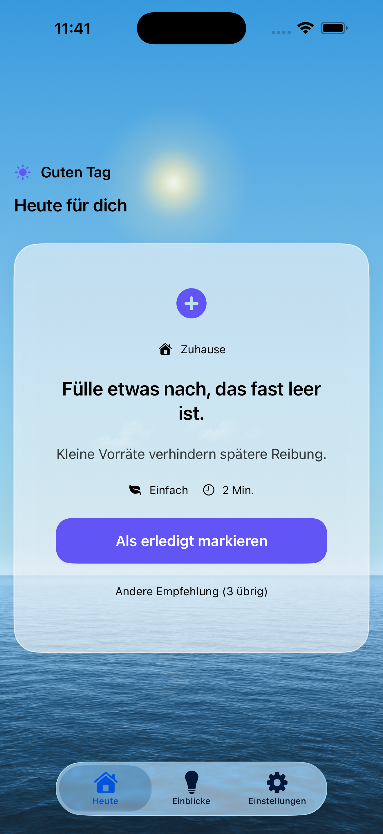 Aktuelle MicroWins-Startansicht mit einer kleinen Aufgabe für heute