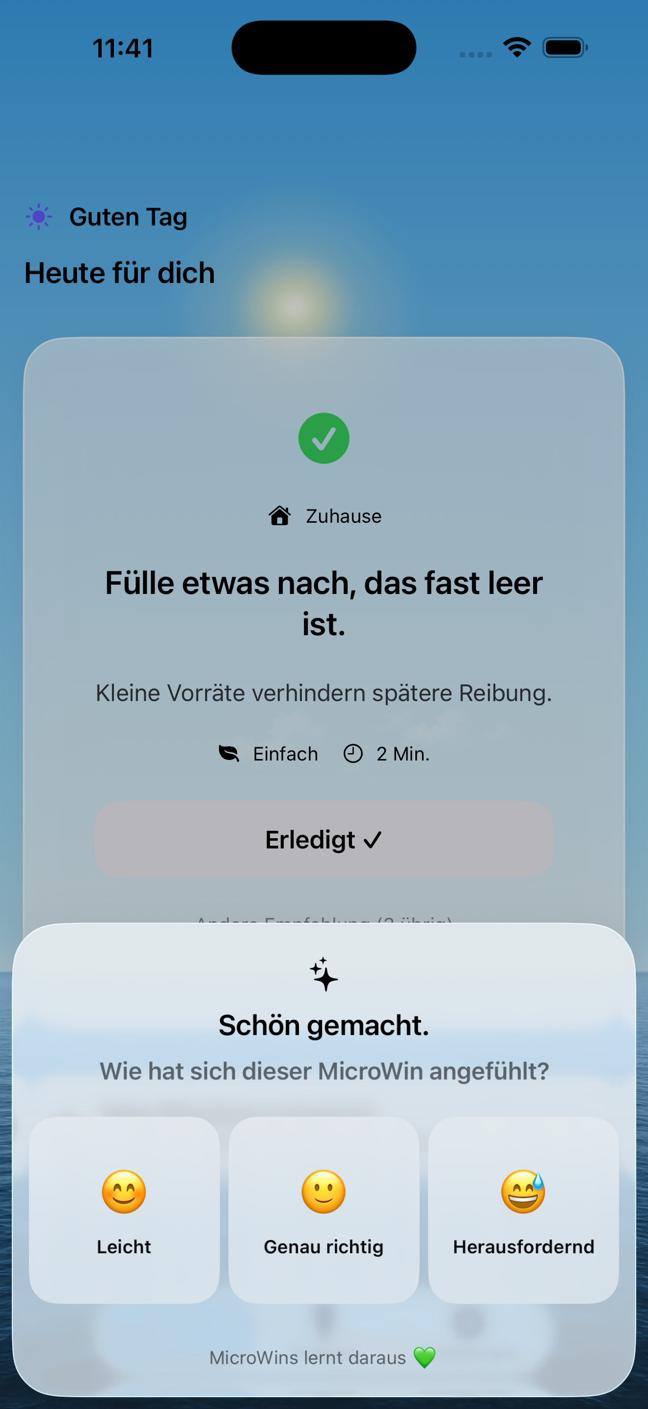 MicroWins Reflection nach einem erledigten kleinen Schritt